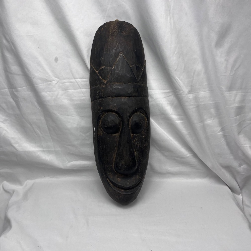 Vintage African Tribal Folk Art Dark Wood Hand Carved Wall Mask